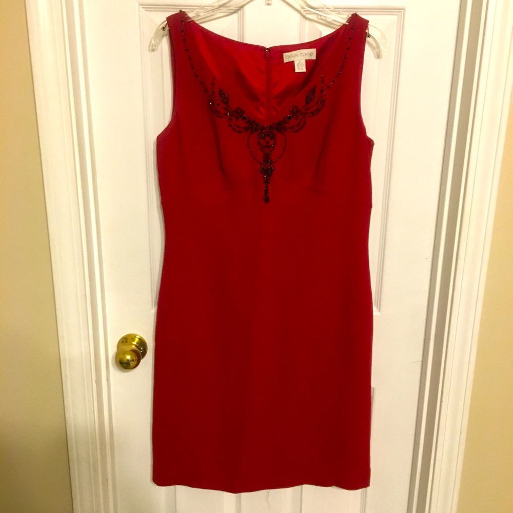 Casual Corner Womens Dress Red Semiformal Beaded Shift Size 12